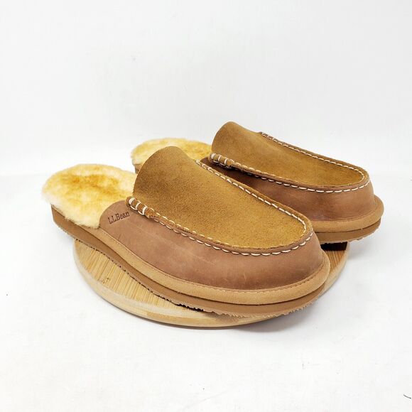 LL Bean Wicked Good Slipper Scuffs Women 9 Mule Brown Suede Shearling Shoes - Picture 5 of 12